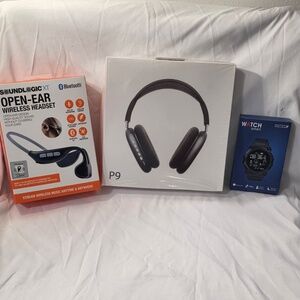 BUNDLE (Black P9 Wireless Headphones + SoundLogic OpenEar + Red Smart Watch)